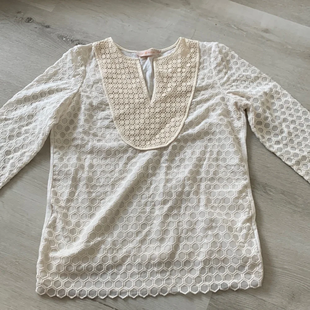 Tory Burch Tali-3/4-Sleeve Combo Honeycomb‎ Top Lace crochet blouse Top size XS